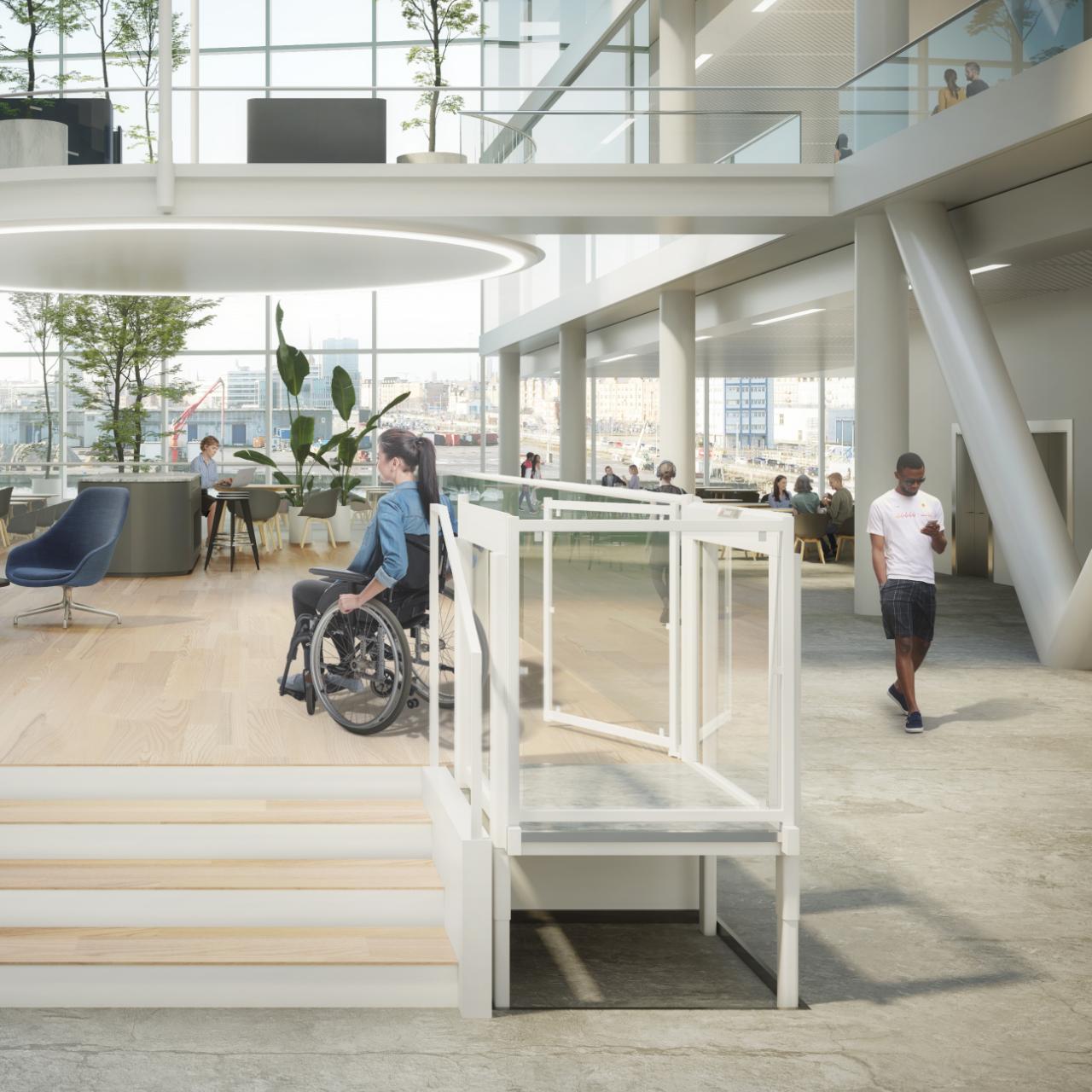 hubbuehnen-easylift Moderne Hubbühne EasyLift mit Glasgeländer in Foyer